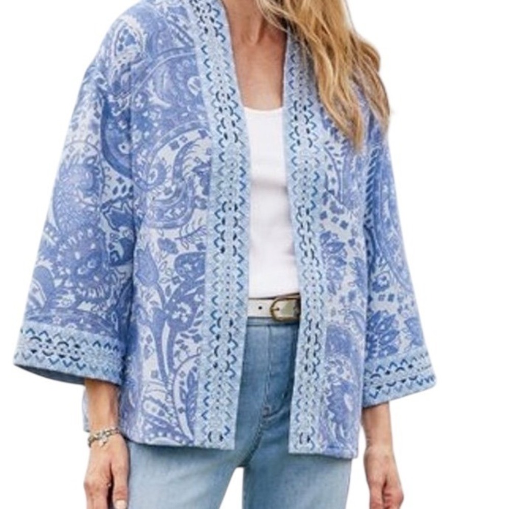 Soft Surroundings Verrado Jacket Blue Paisley Open Front Kimono PXL EUC